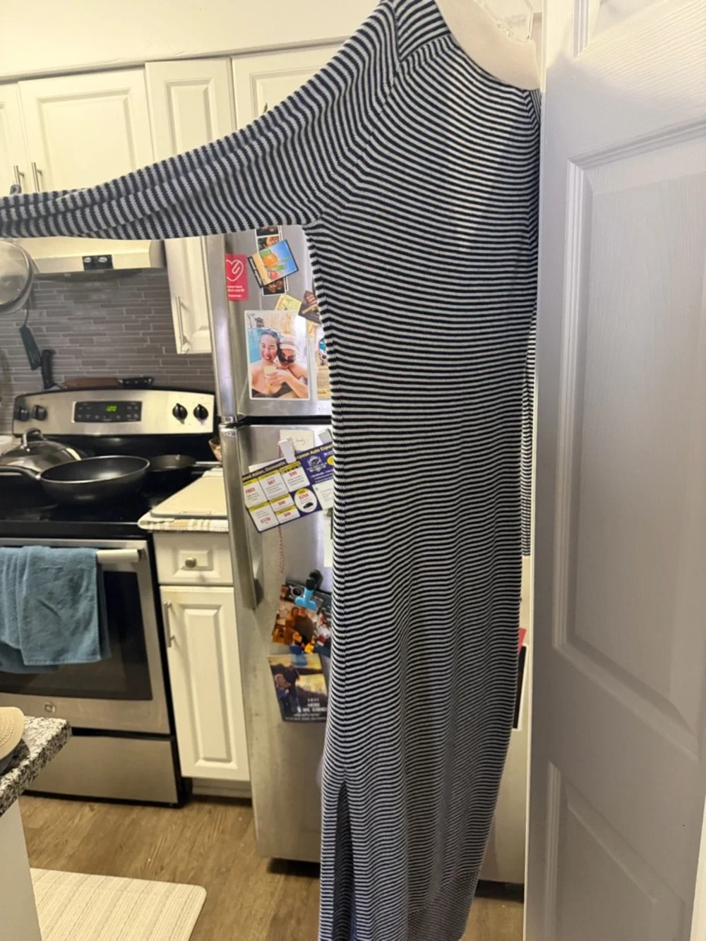 STAUD Black & White Striped Long-Sleeve Collared Knit Dress - Picture 3 of 3